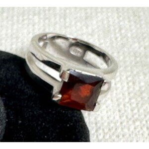 Silver Tone Ring with Deep Reddish Brown Faceted Glass Stone - Size 6